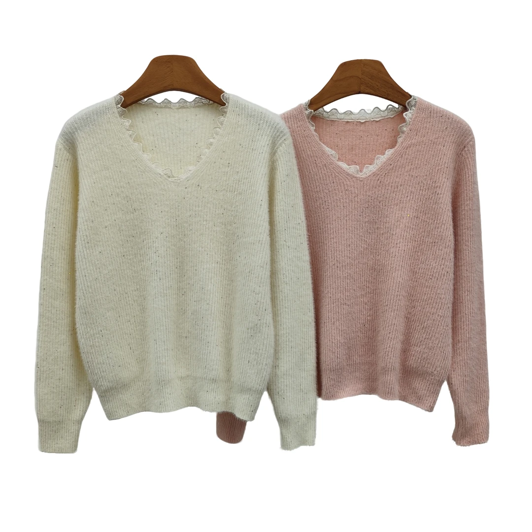 YITONG/倚桐2024冬季V领蕾丝花边针织衫简约宽松毛衣潮（M4B55873）