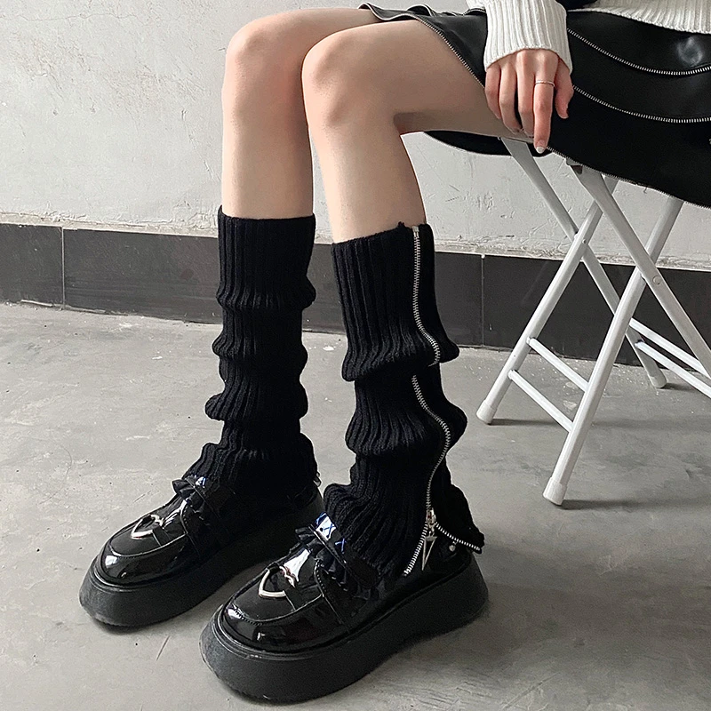 Socks said秋冬女针织袜套百搭拉链腿套黑色小腿堆堆袜中筒jk袜子
