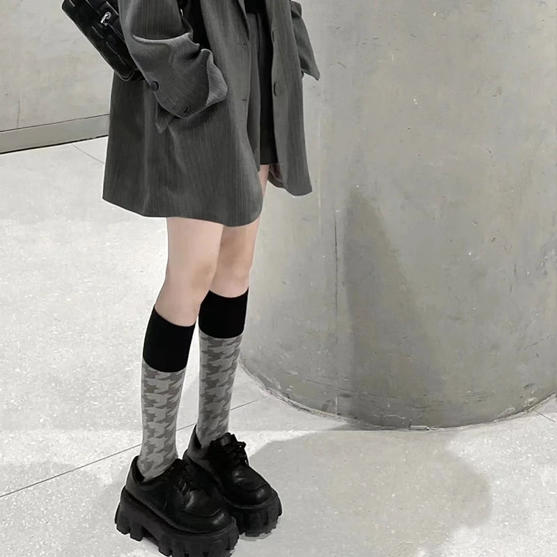 灰色千鸟格小腿袜女春季网红袜子ins袜子日系女显瘦百搭气质中筒