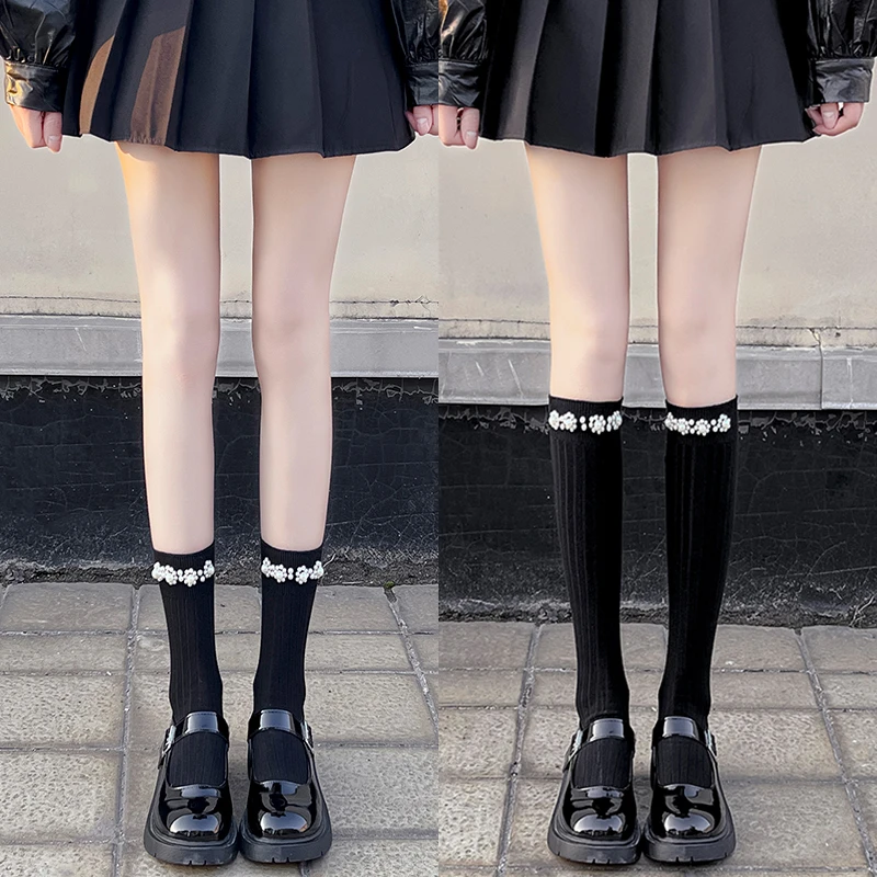 Socks said 黑色珍珠袜中筒袜子女ins潮白色jk小腿袜吸汗高筒长袜