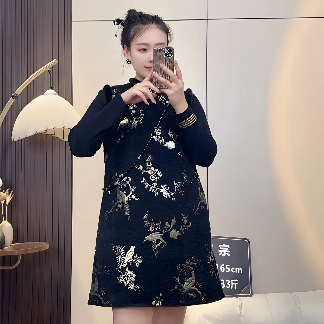 宗宗严选--新中式国风旗袍裙印花秋冬季女裙子