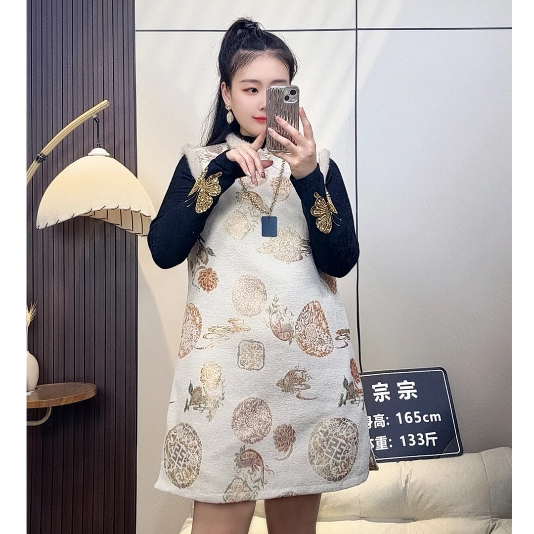 宗宗严选--新中式国风印花旗袍裙秋季时尚女裙子