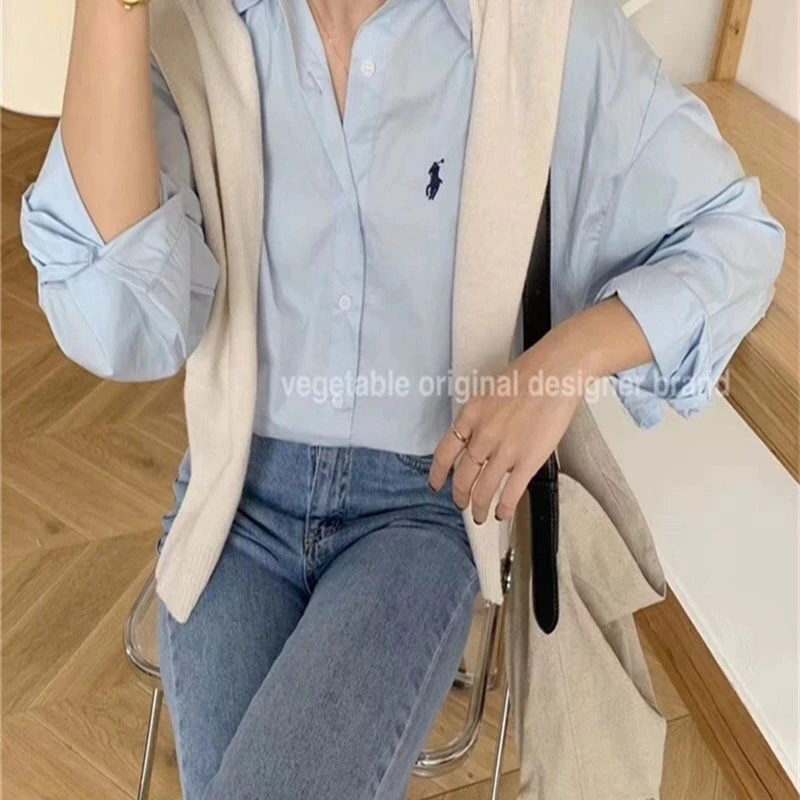 韩式小马标刺绣100%纯棉秋季衬衫女经典纯色百搭休闲宽松长袖衬衣