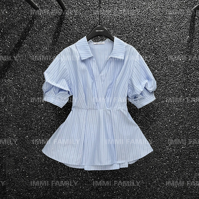 “芬琳”条纹法式V领掐腰泡泡袖衬衫夏季新款高级感时尚休闲衬衣