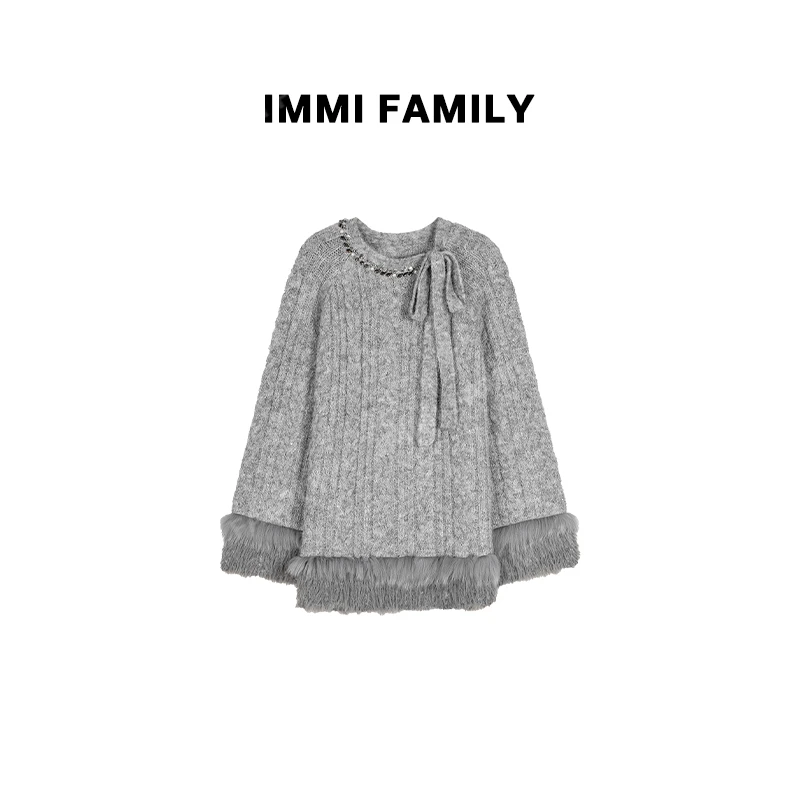 “浪漫赫本”法式圆领毛绒拼接高级感秋冬新款气质休闲毛衣女