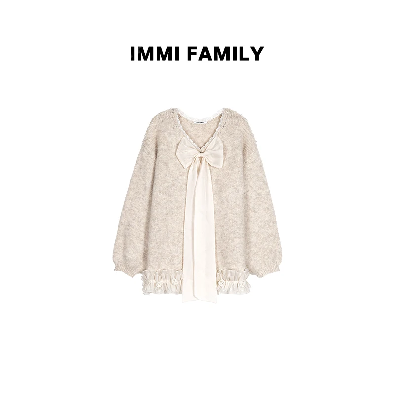 ”纯白花嫁”韩系V领蝴蝶结拼接蕾丝秋冬新款时尚休闲简约毛衣