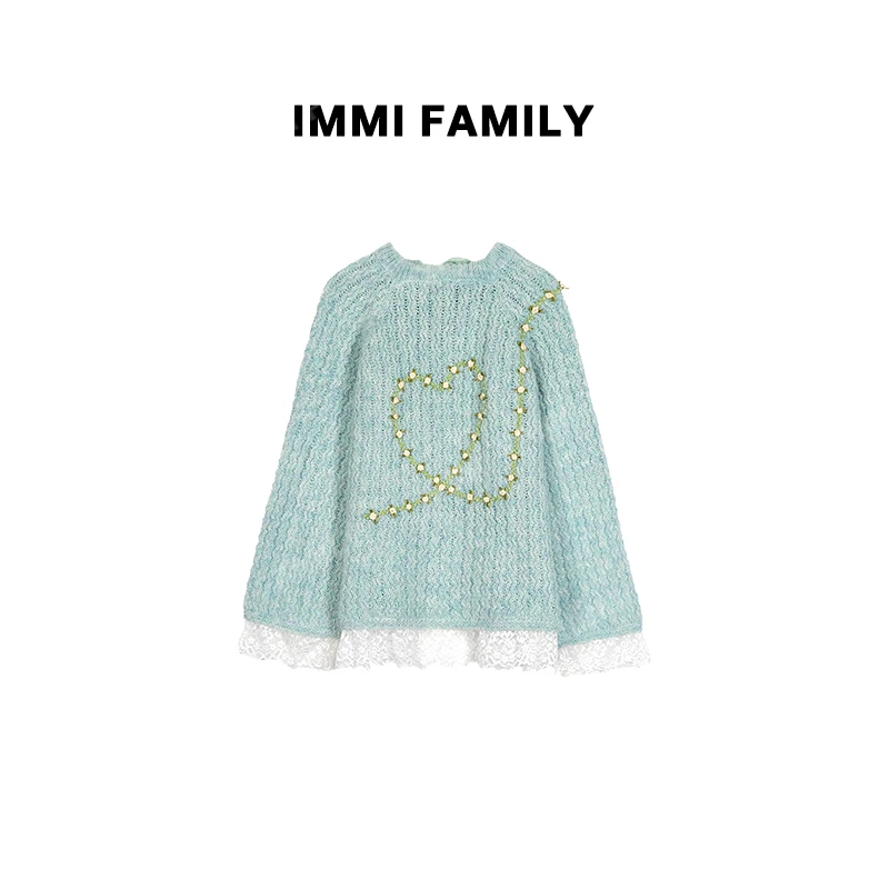 “樱落”慵懒温柔风蝴蝶结系带镶钻爱心拼接蕾丝秋冬中长款毛衣