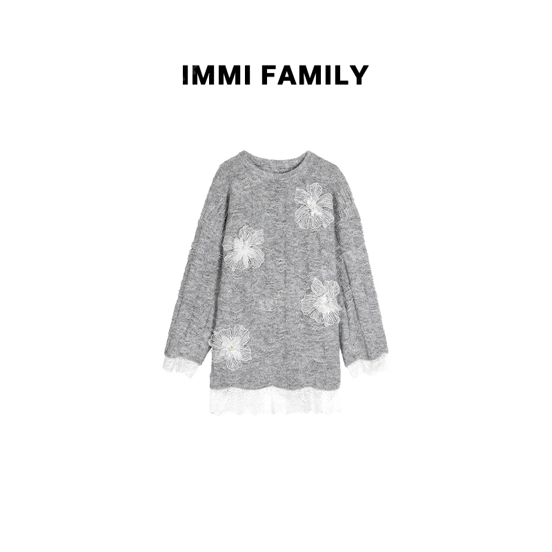 “花之歌”法式圆领花朵慵懒感秋冬新款气质时尚破败毛衣女