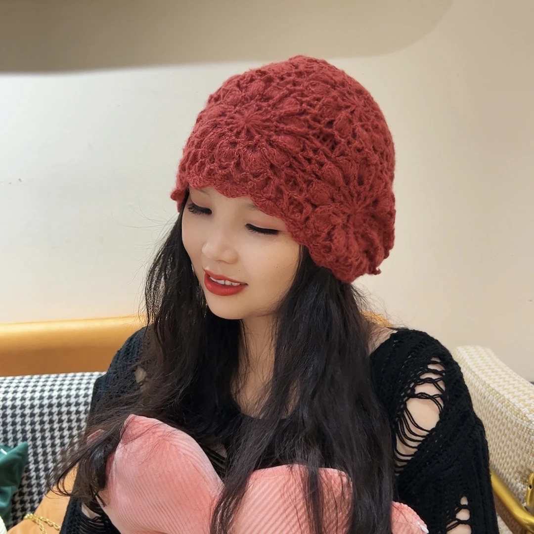 T-27花朵手工包头帽优雅气质毛线帽2023款时尚针织帽小众复古双层