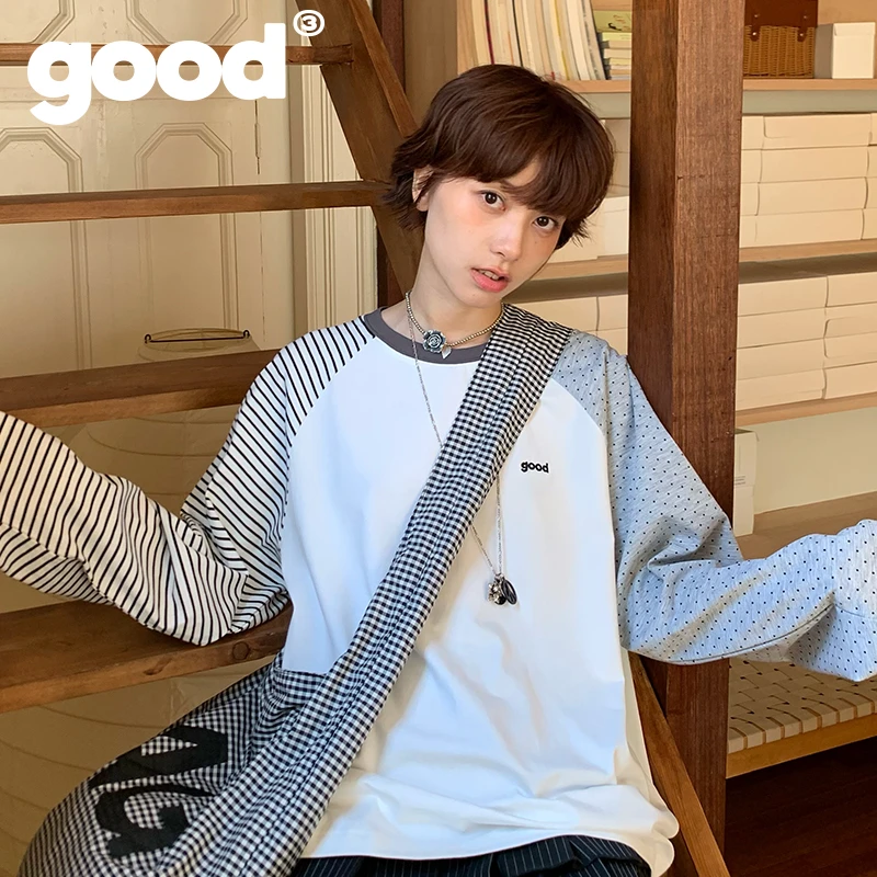 美好商店MeihaoStore袖子波点条纹撞色拼接插肩袖长袖T恤