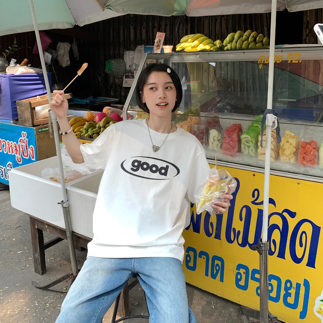 美好商店MeihaoStore重磅全棉多色good圈圈基础印花短袖T恤情侣