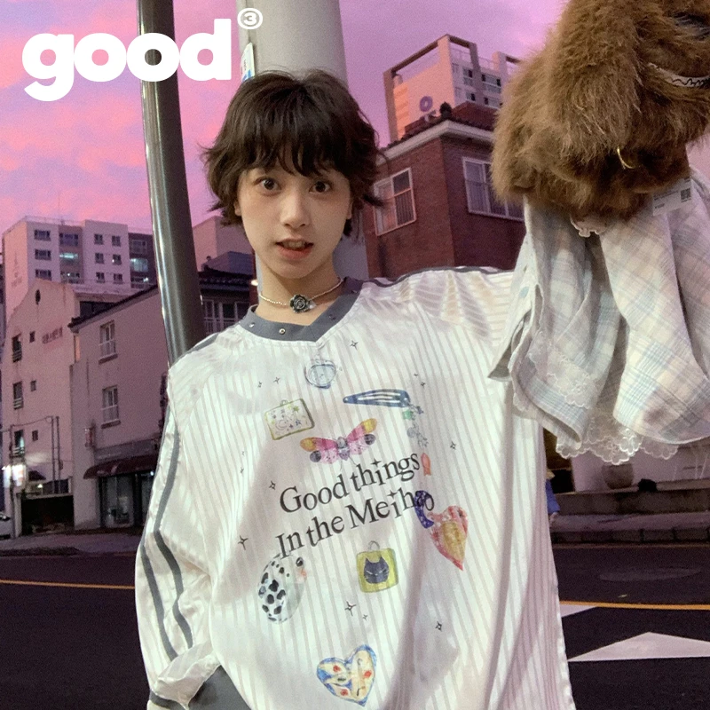 美好商店有趣图案印花Blokette运动女孩风V领长袖球衣短袖