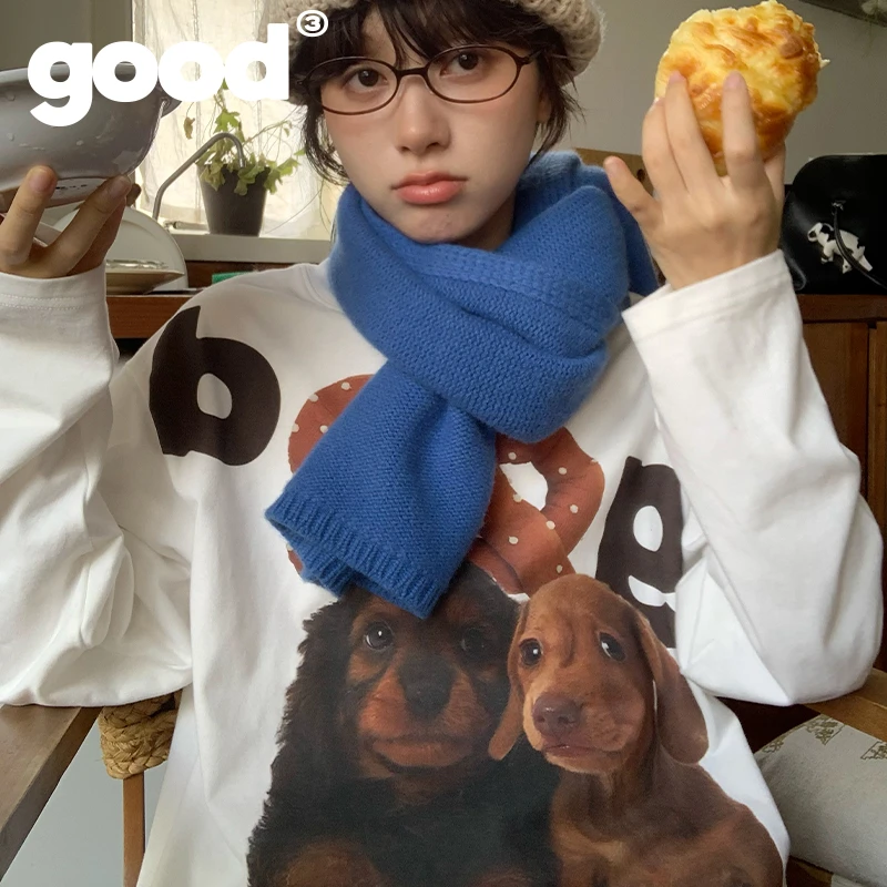 美好商店等开饭的腊肠小狗good碱水结基础长袖T恤