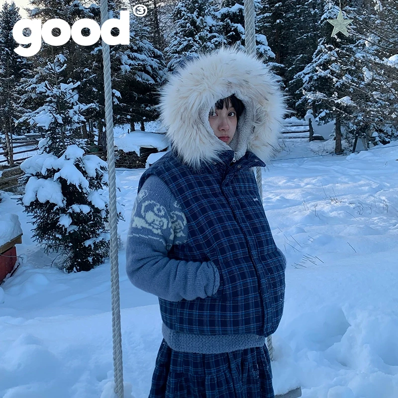 美好商店MeihaoStore适合办公室穿的韩系蓝色格纹毛领羽绒马甲