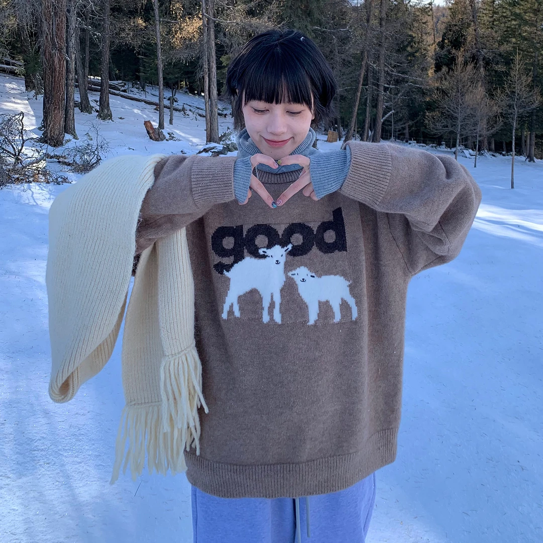 美好商店MeihaoStore 软糯糯咩咩小羊圆领基础套头毛衣