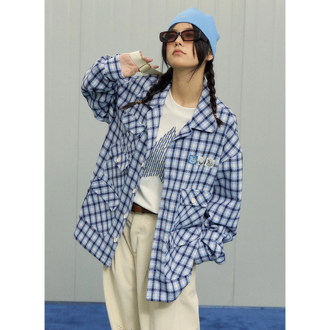 PROS BY CH格纹多口袋夹克男潮牌情侣装美式vintage春秋季外套女