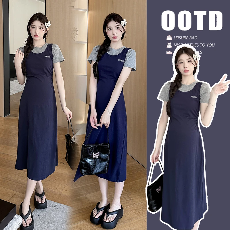 【小布吖】2024夏季新款气质显瘦设计感拼接假两件孕妇连衣裙