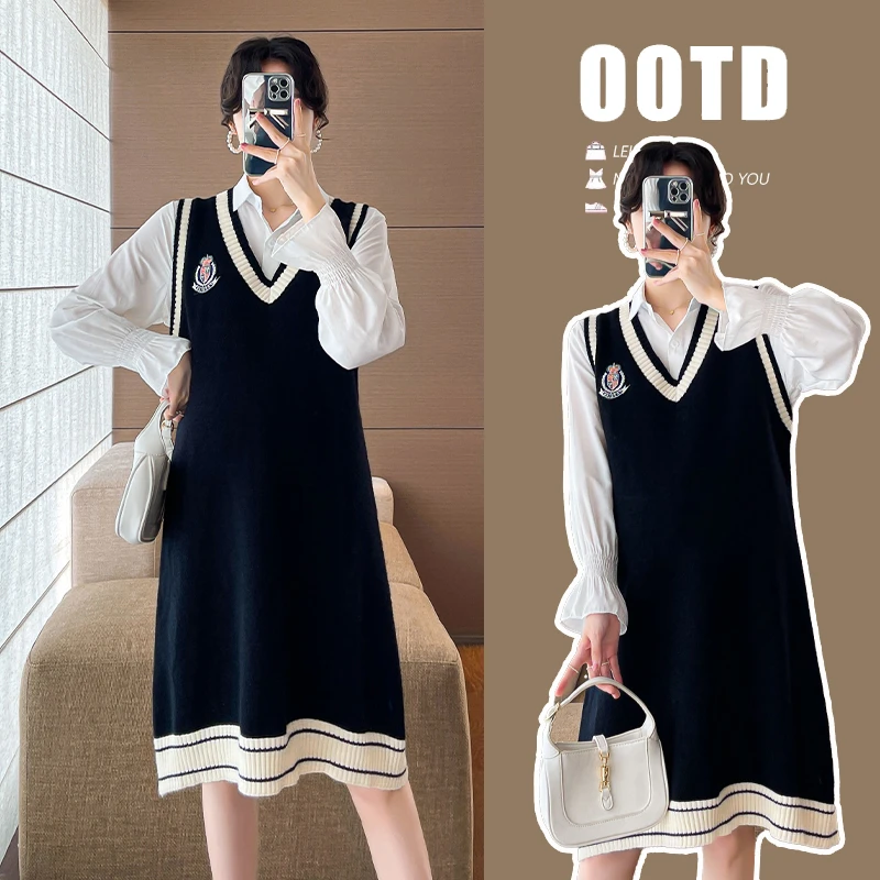 【小布吖】孕妇装韩版学院风衬衣+马甲孕妇时尚孕妇连衣裙