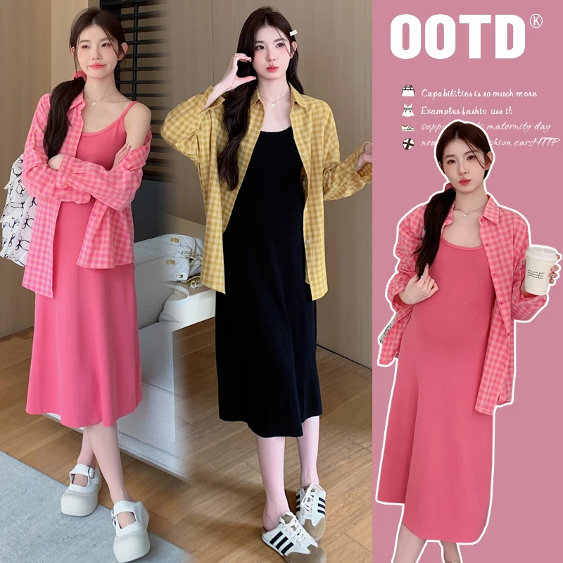 【小布吖】2024新品孕妈复古格子长袖衬衣＋针织吊带裙孕妇连衣裙