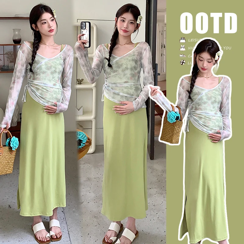 【小布吖】时尚孕妇新中式国风吊带连衣裙+碎花网纱防晒罩衫