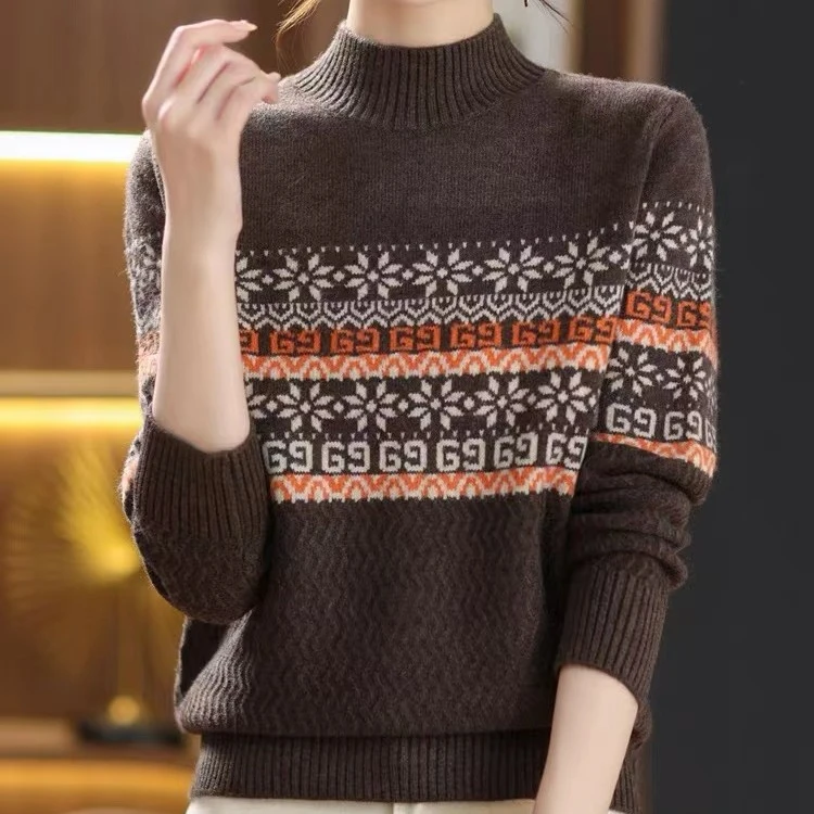 【雪花毛衣-咖色】秋冬新款百搭洋气时尚提花针织套头毛衣