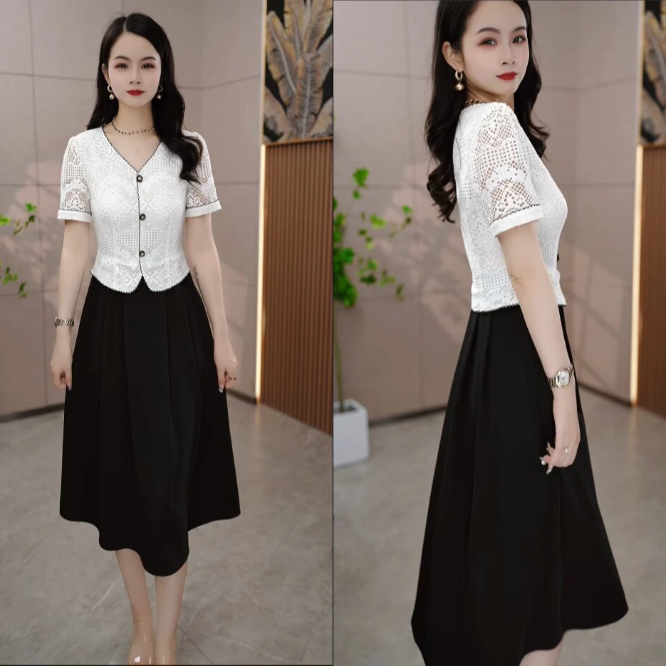 2024夏季新款气质洋气收腰拼接名媛小香风女装连衣裙M-4XL