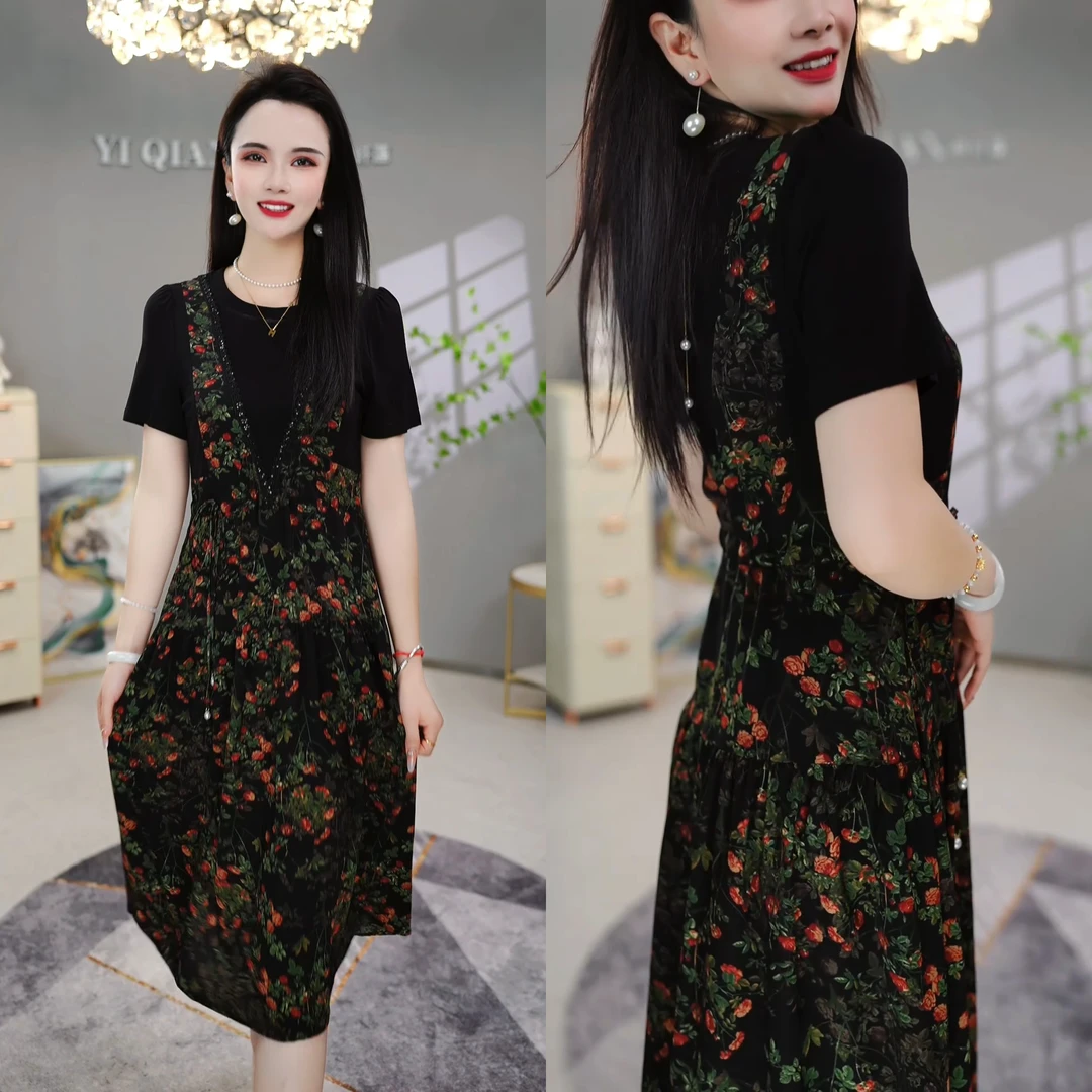 大码碎花气质洋气时尚休闲百搭复古印花女装连衣裙M-4XL