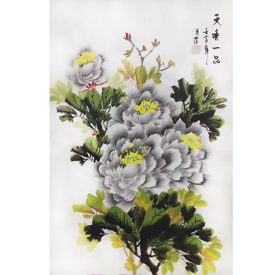 牡丹花 奶白色牡丹 春色满园 四尺三开手绘国画 牡丹小画 45x70cm