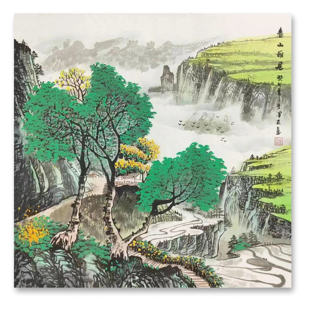 四尺手绘国画 青绿色山水书房客厅斗方收藏送人装饰欣赏 68x68cm