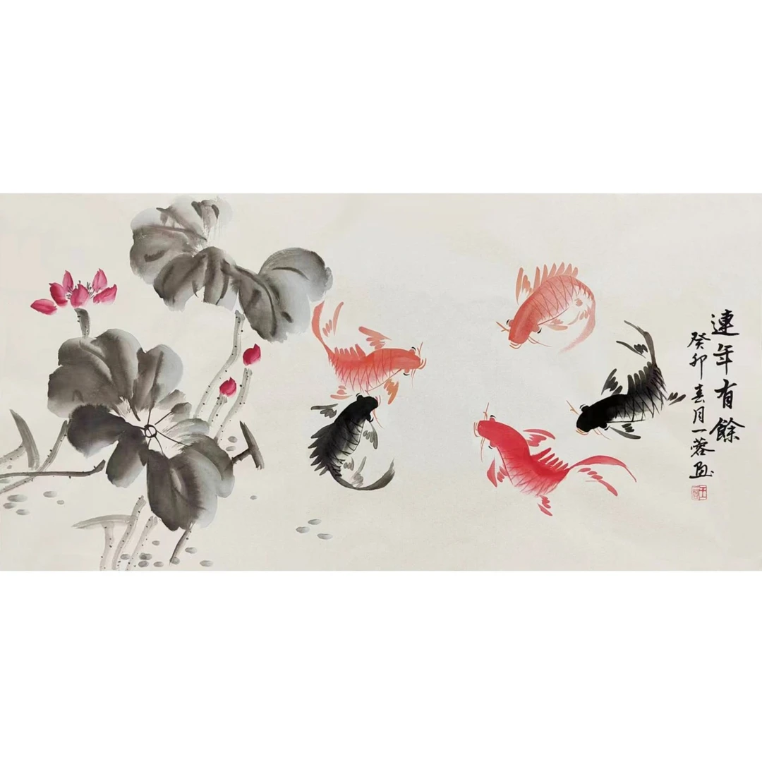 连年有余  三尺手绘国画  横屏  荷花鱼 荷花锦鲤 100x50cm
