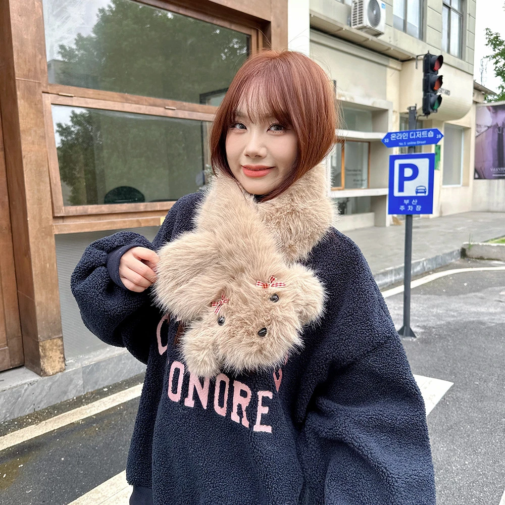 冬季可爱小狗毛绒围巾交叉毛领保暖围巾w