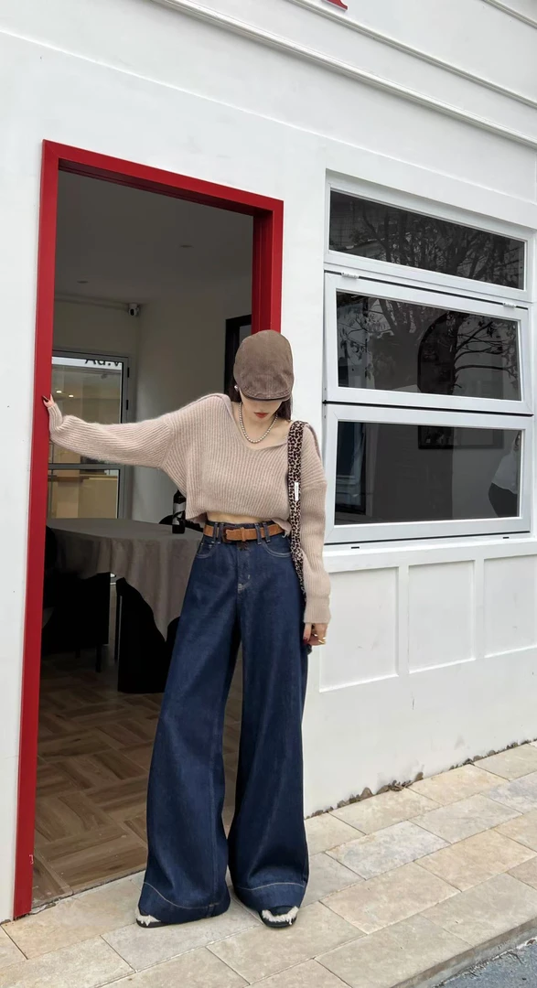 欧洲站2024秋冬新款韩系拖地裤显瘦显腿长阔腿裤宽松牛仔裤女ins