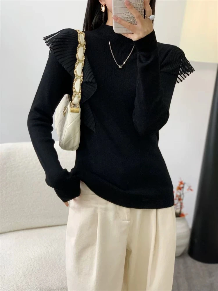 卡莎欧货拼接设计感细羊毛打底衫女秋冬新款显瘦内搭上衣潮