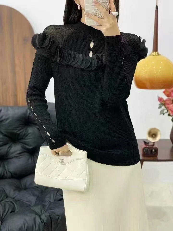 2024新款百搭气质半高领钉珠镂空长袖立体花朵针织打底衫羊毛衫