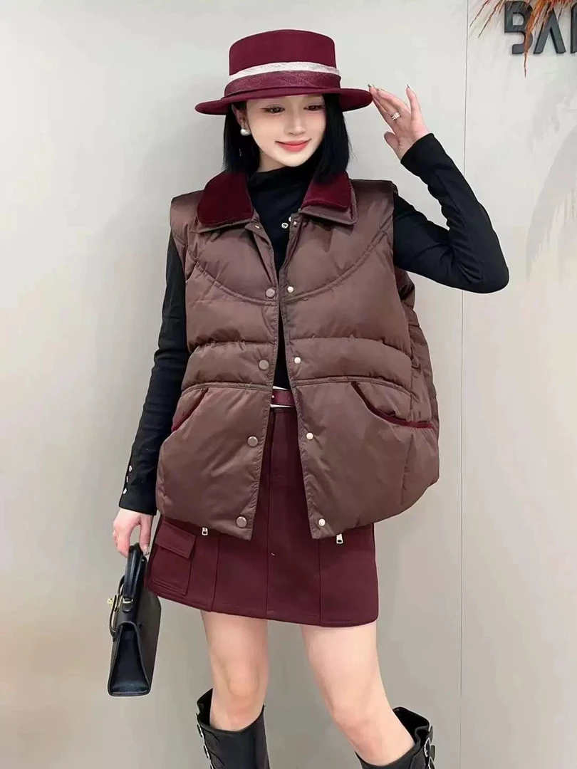 欧洲站女装2024冬季新款时尚显瘦洋气百搭拼色羽绒无袖马夹2098