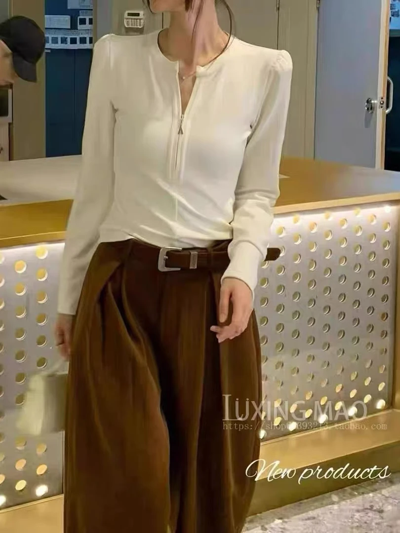 深圳南油高端女装欧货洋气独特别致上衣半拉链修身显瘦长袖打底衫