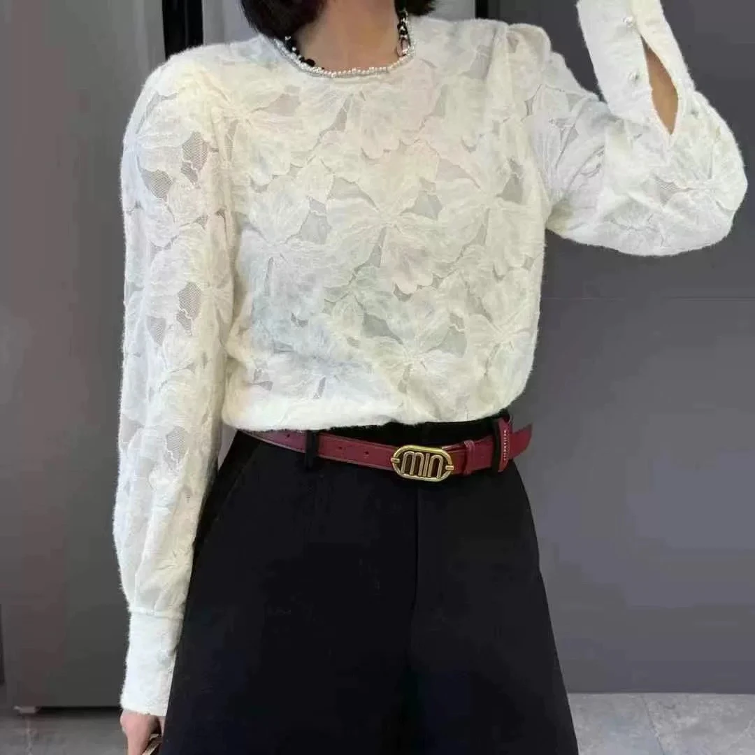 欧洲站2024冬季新款欧韩钉珠提花蕾丝显瘦减龄小衫女F1160