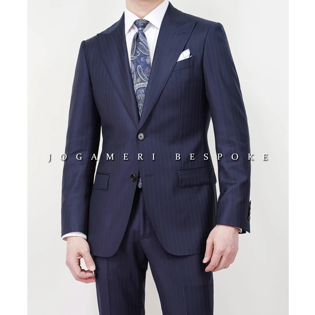 【高定成衣】高光藏蓝色纯羊毛暗条纹修身商务职业男士西服套装