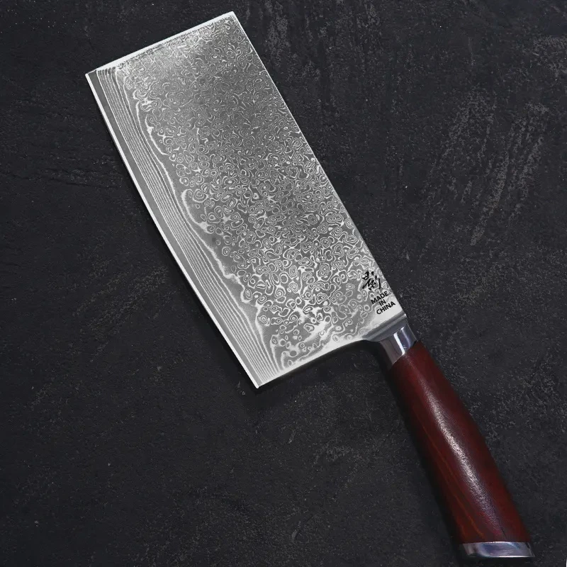 《影旗舰》67层大马士革钢材红檀木雨滴纹中式切片10cr15mov家用刀