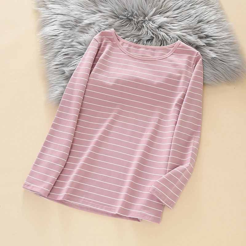 条纹纯棉长袖春秋圆领薄款无痕针织秋衣单件上衣打底衫睡衣女内穿