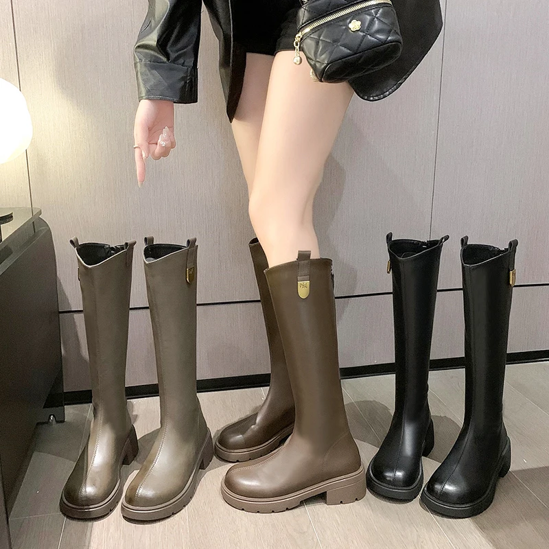 不过膝长筒靴女秋冬新款时尚粗跟骑士靴