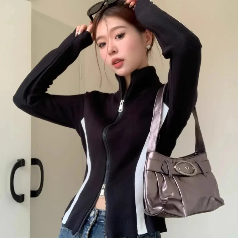 大码胖mm美式拉链长袖开衫女秋冬季设计感显瘦外套短款上衣T恤潮