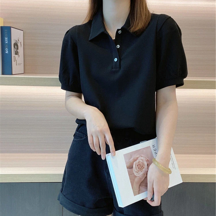 棉胖MM夏季新款翻领polo衫辣妹V领正肩短袖T恤宽松显瘦上衣打底衫