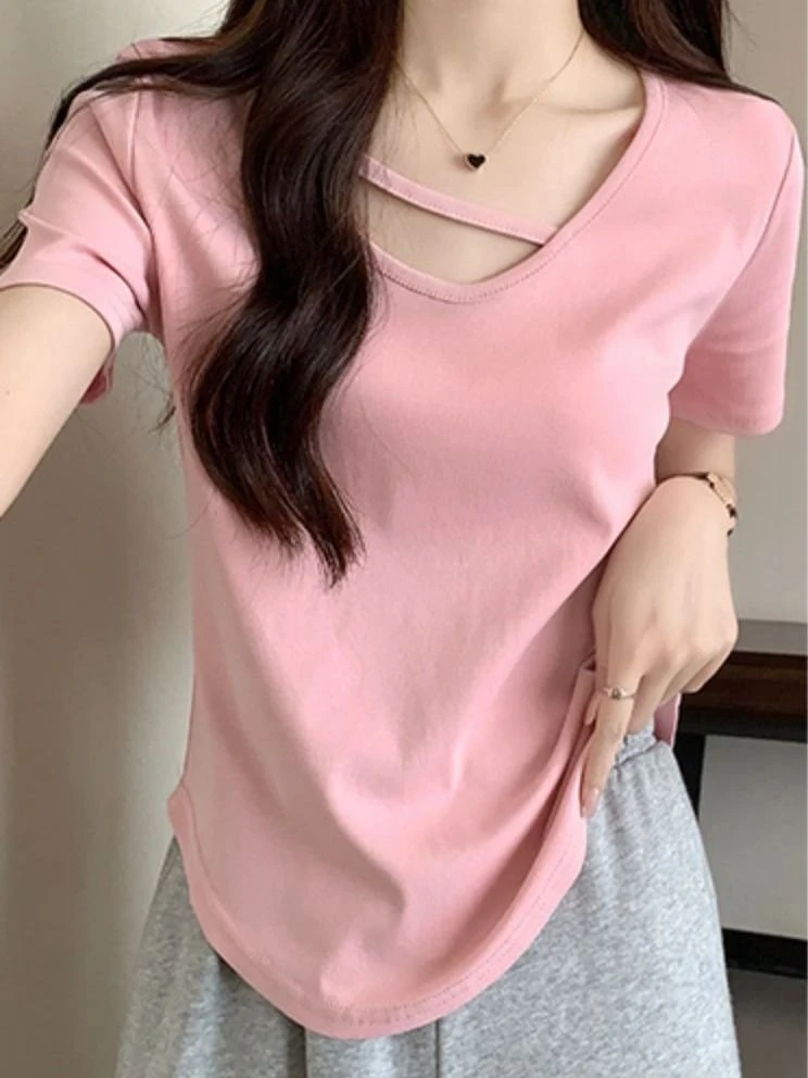 棉纯色百搭V领短袖T恤女夏季纯欲风韩版辣妹短款小众显瘦半袖上衣