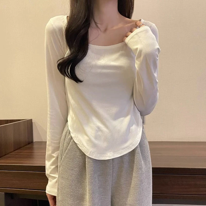 大码女装秋冬方领长袖T恤不规则设计感修身打底衫纯欲显瘦上衣潮
