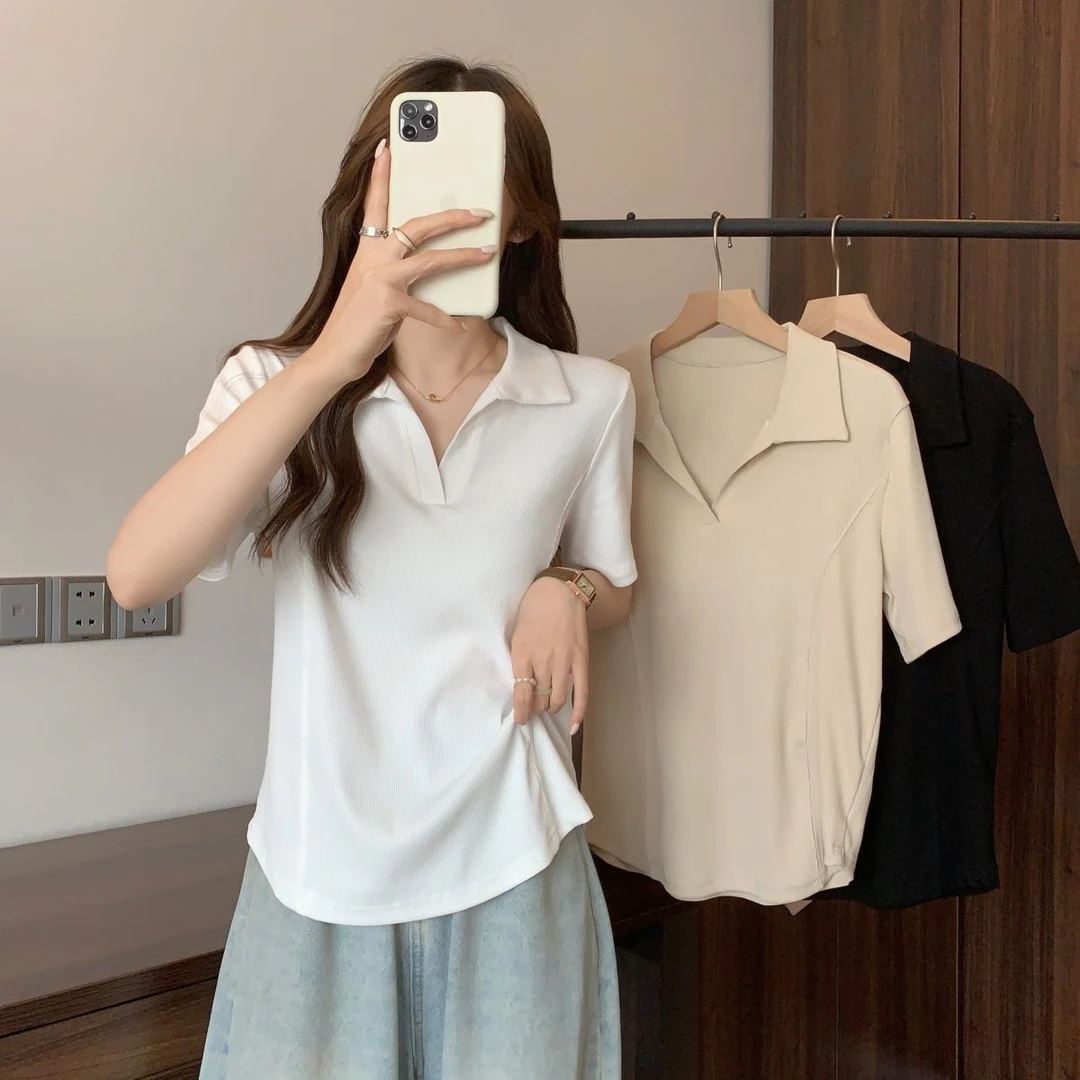 棉大码女装胖MM翻领短袖t恤夏季宽松显瘦小众设计感半袖V领polo衫