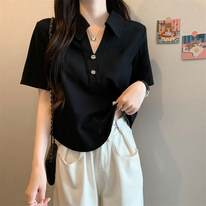 大码女装V领纽扣短袖T恤女夏季新款胖mm正肩翻领POLO衫小众上衣潮