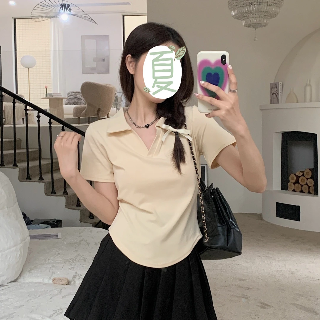 棉大码辣妹V领短袖女装夏季短款ins纯欲风修身显瘦POLO领正肩上衣