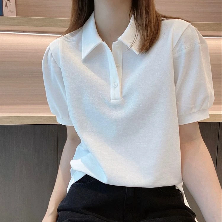 棉大码夏季新款洋气polo领白色T恤女装微胖MM宽松正肩小众上衣潮