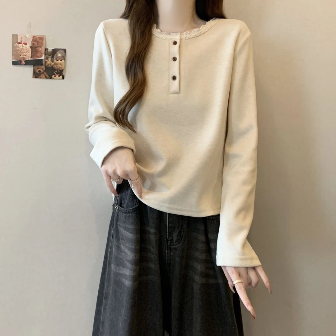 大码女装秋冬甜美气质柔软花边拼接打底衫上衣女T恤胖mm2025新款